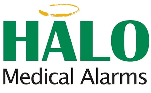 Halo Medical Alarms company logo. Green and black text with a gold halo on the top