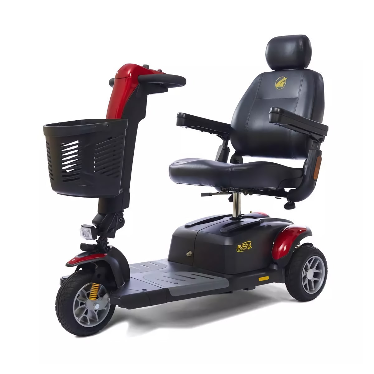 Golden Buzzaround LX mobility scooter with 3 wheels, captain's chair, basket, and red accents