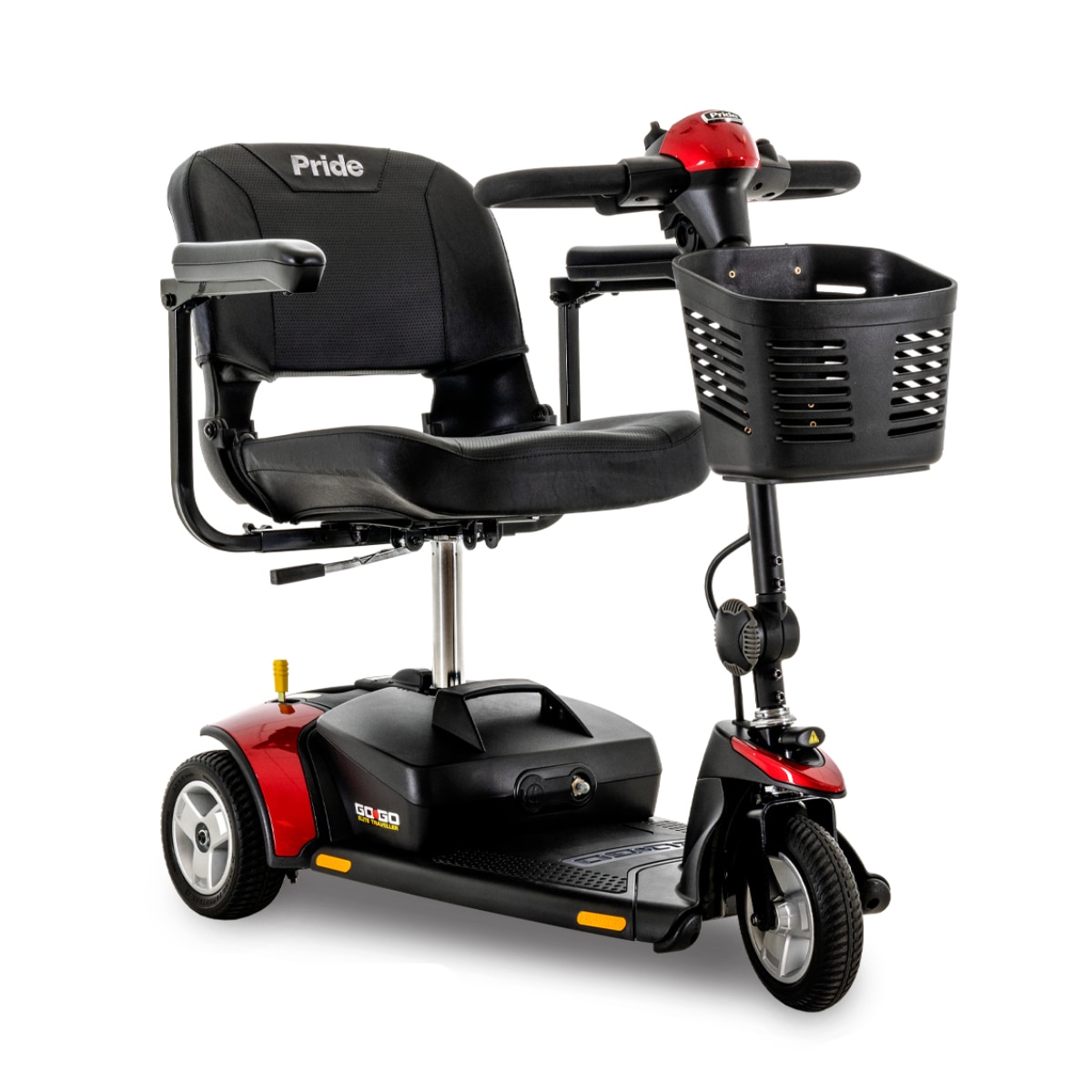 Pride Go-Go Elite Traveller mobility scooter with three wheels, basket, and red accents