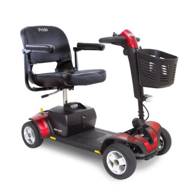 Pride Go-Go Sport mobility scooter with four wheels, basket, and red accents