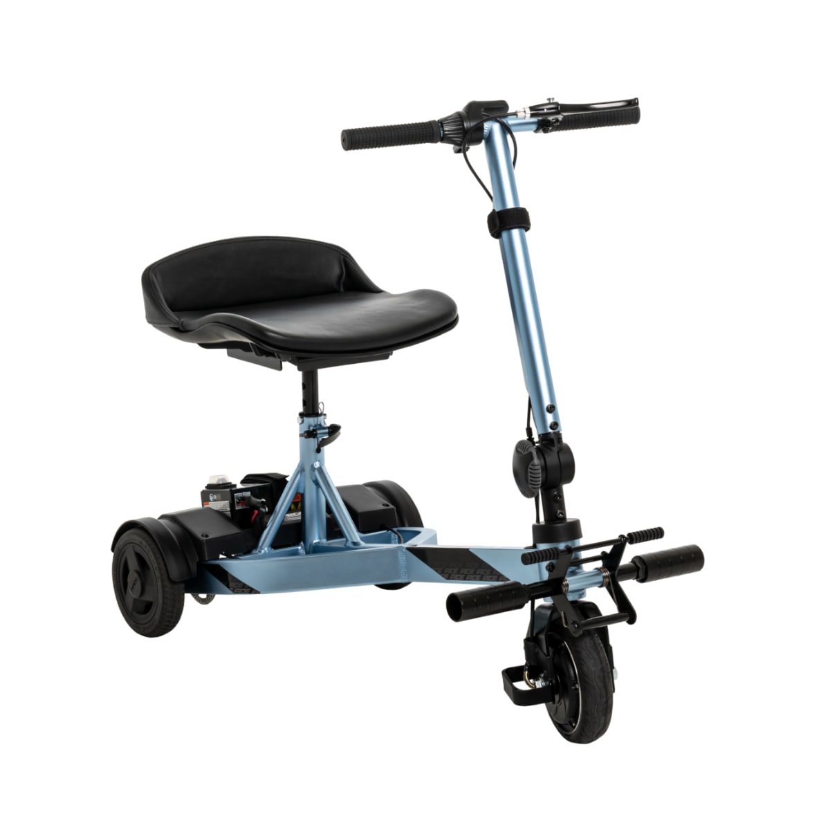 Pride iRide 2 Travel Scooter with 3 wheels in a light blue frame