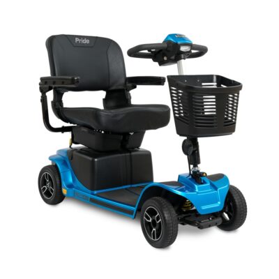 Pride Revi 2.0 mobility scooter with 4 wheels, basket, and blue accents