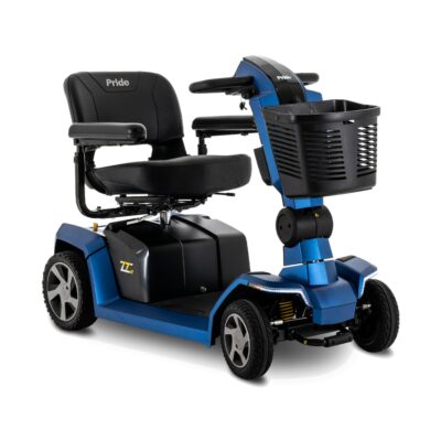 Pride Zero Turn 10 mobility scooter with 4 wheels, basket, and blue accents