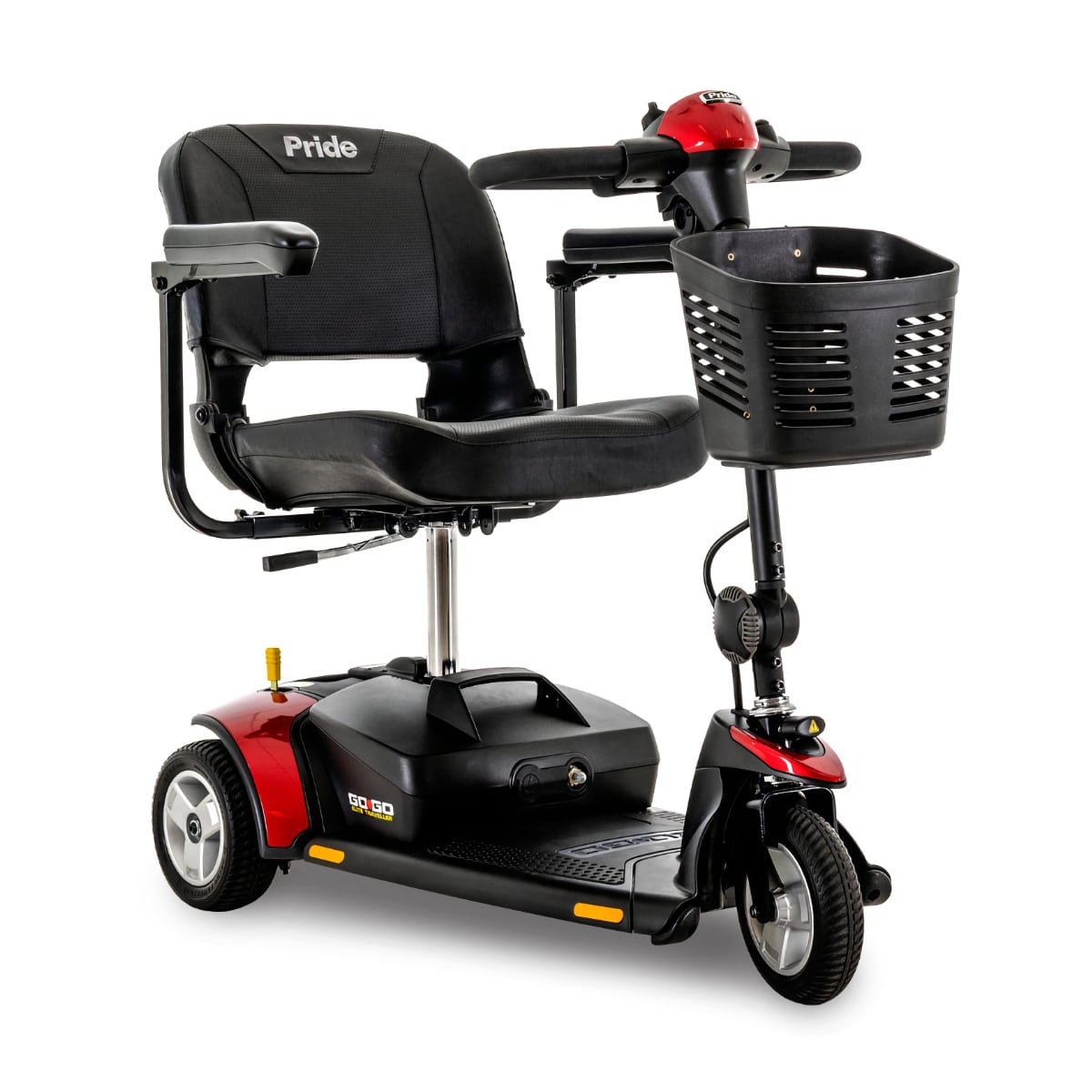 3-wheel mobility scooter with basket and red accents