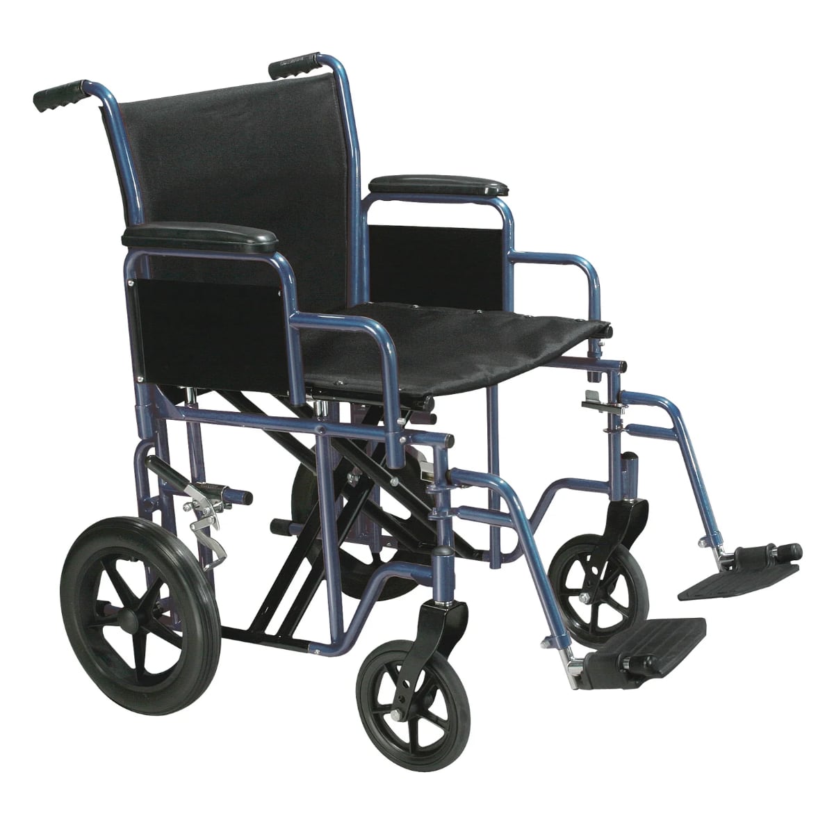 bariatric transport chair with blue steel frame and wider seat