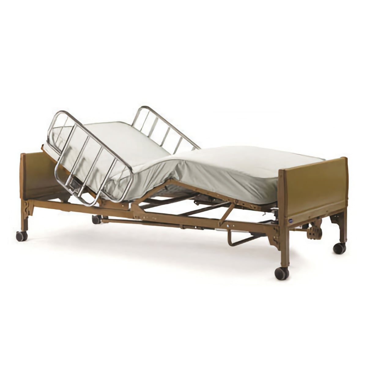 standard hospital bed with brown metal frame, mattress, and steel railings