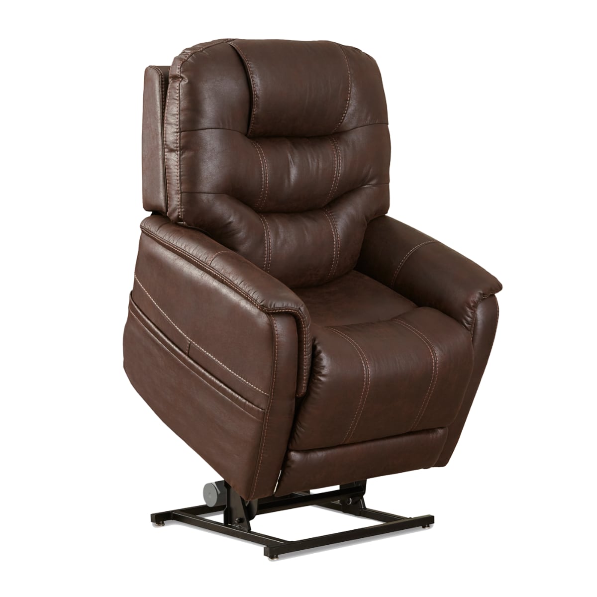 Lift chair recliner in brown leather in the lift position