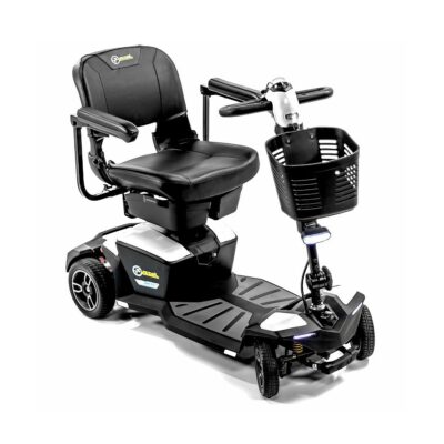 Pride Zero Turn 8 mobility scooter with four wheels, basket, and black accents