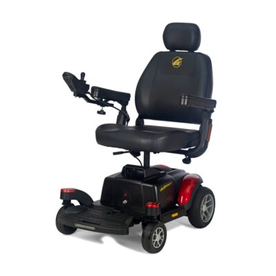 Golden BuzzAbout power wheelchair with captains chair type seat and red accents