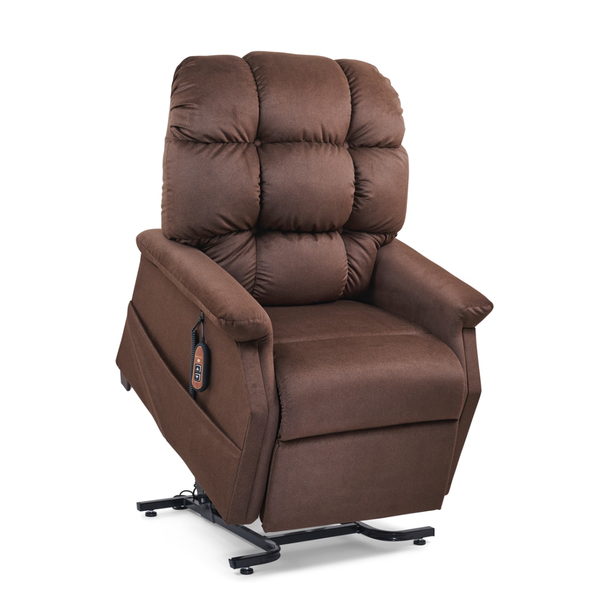 Golden Cambridge lift chair recliner in brown fabric in the lift position