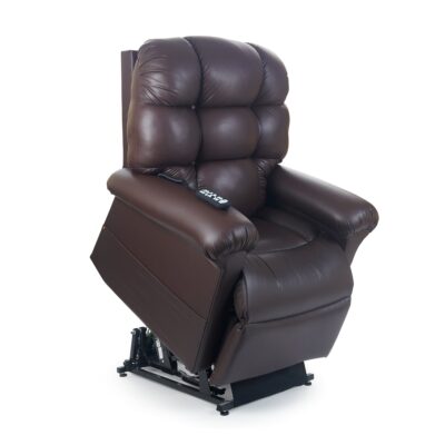 Golden Cloud lift chair recliner in dark brown leather in the lift position