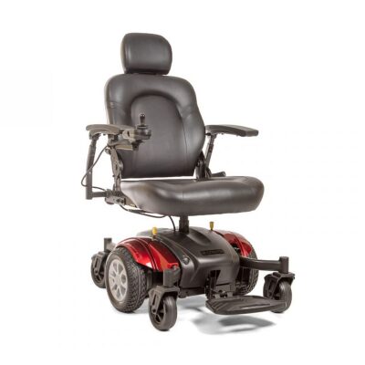 Golden Compass Sport power wheelchair with captains chair seat and red accents