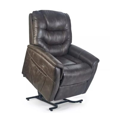 Golden Dione lift chair recliner in dark brown leather in the lift position