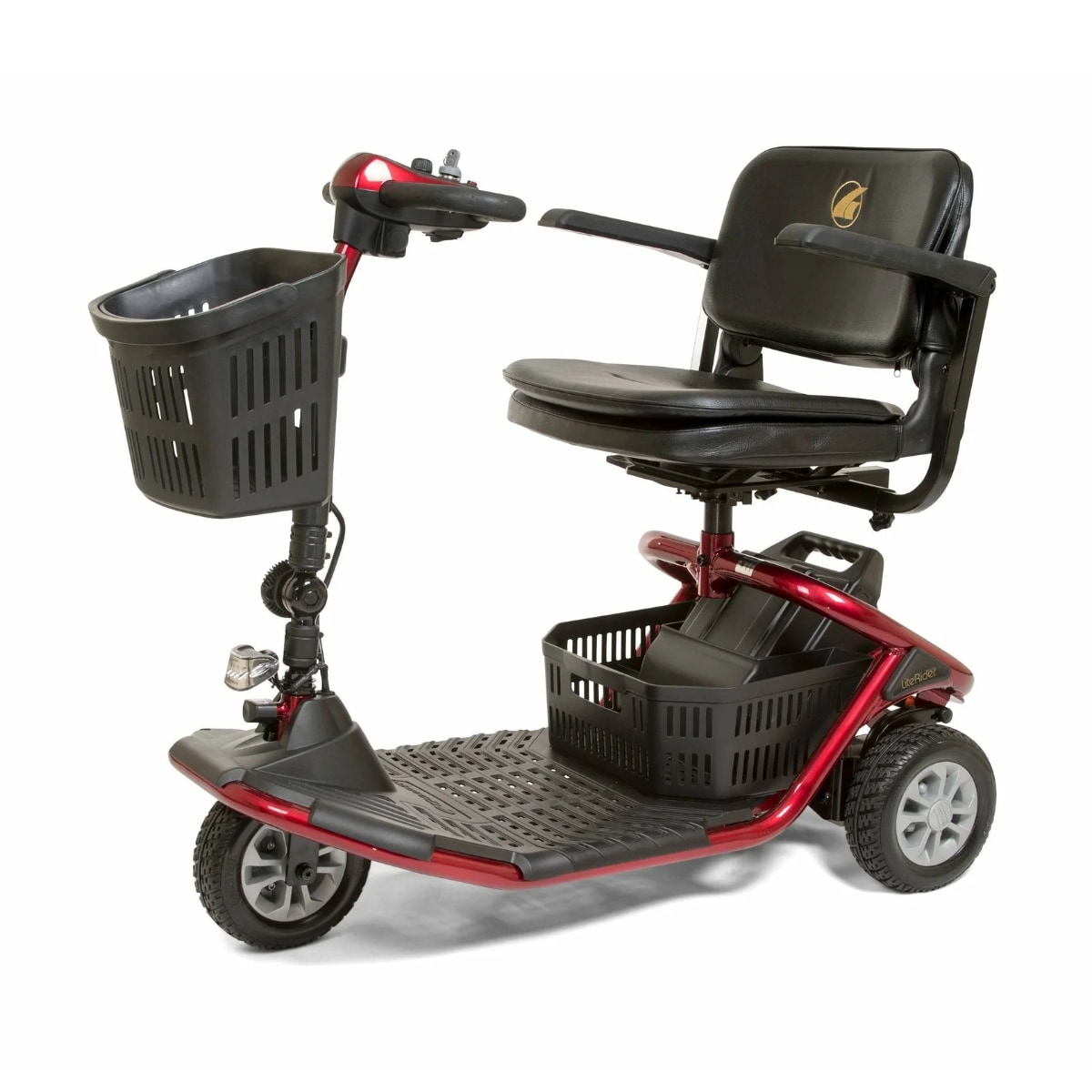 Golden LiteRider mobility scooter with under seat basket, front basket, and red accents