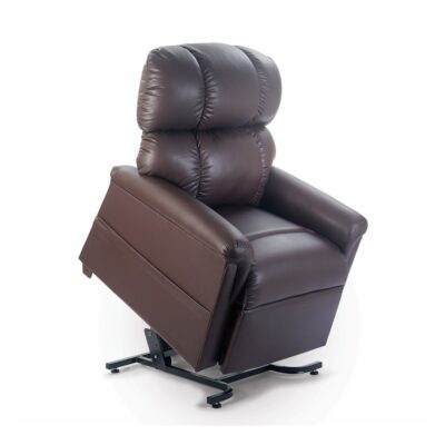 Golden Maxicomforter lift chair recliner in dark brown leather in the lift position