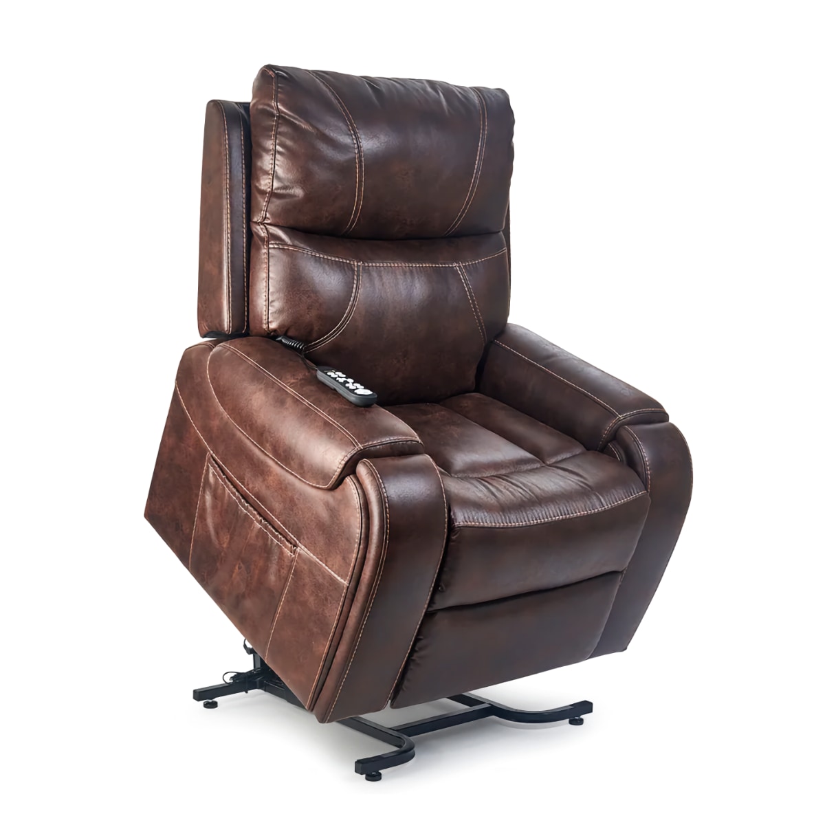 Golden Titan lift chair recliner in dark brown leather in the lift position