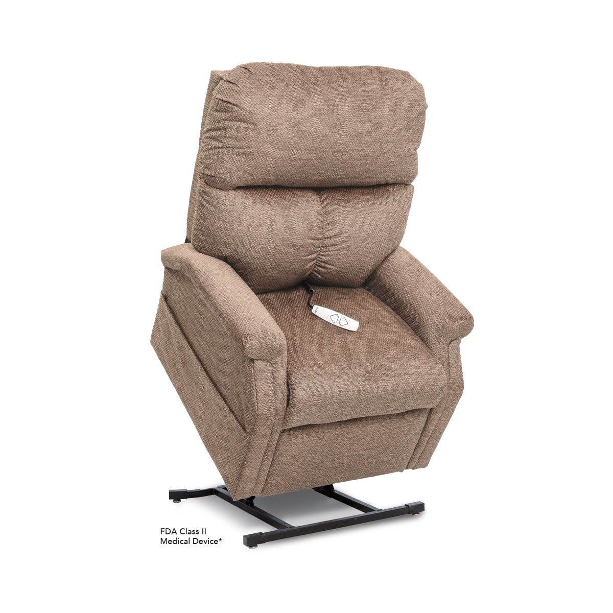 Pride Essential lift chair recliner in beige fabric in the lift position