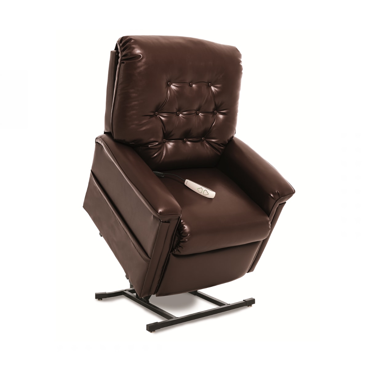 Pride Heritage lift chair recliner in brown leather in the lift position