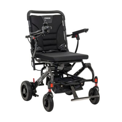 Pride Jazzy Carbon foldable power wheelchair with red button accents