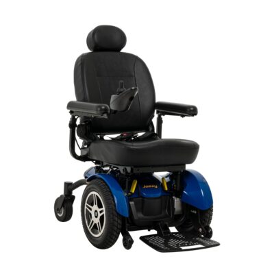 Pride Jazzy Elite HD power wheelchair with large front wheels and blue accents