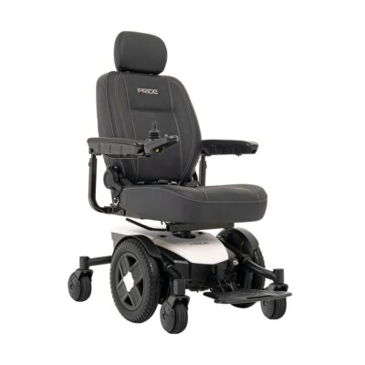 Pride Jazzy Evo 618 power wheelchair with captains chair and white accents