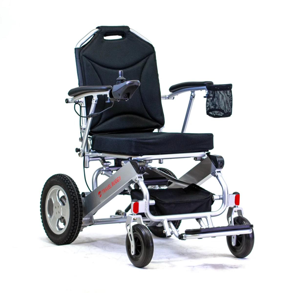 Travel Buggy City 2 foldable power wheelchair with stylish silver framing and drink holder